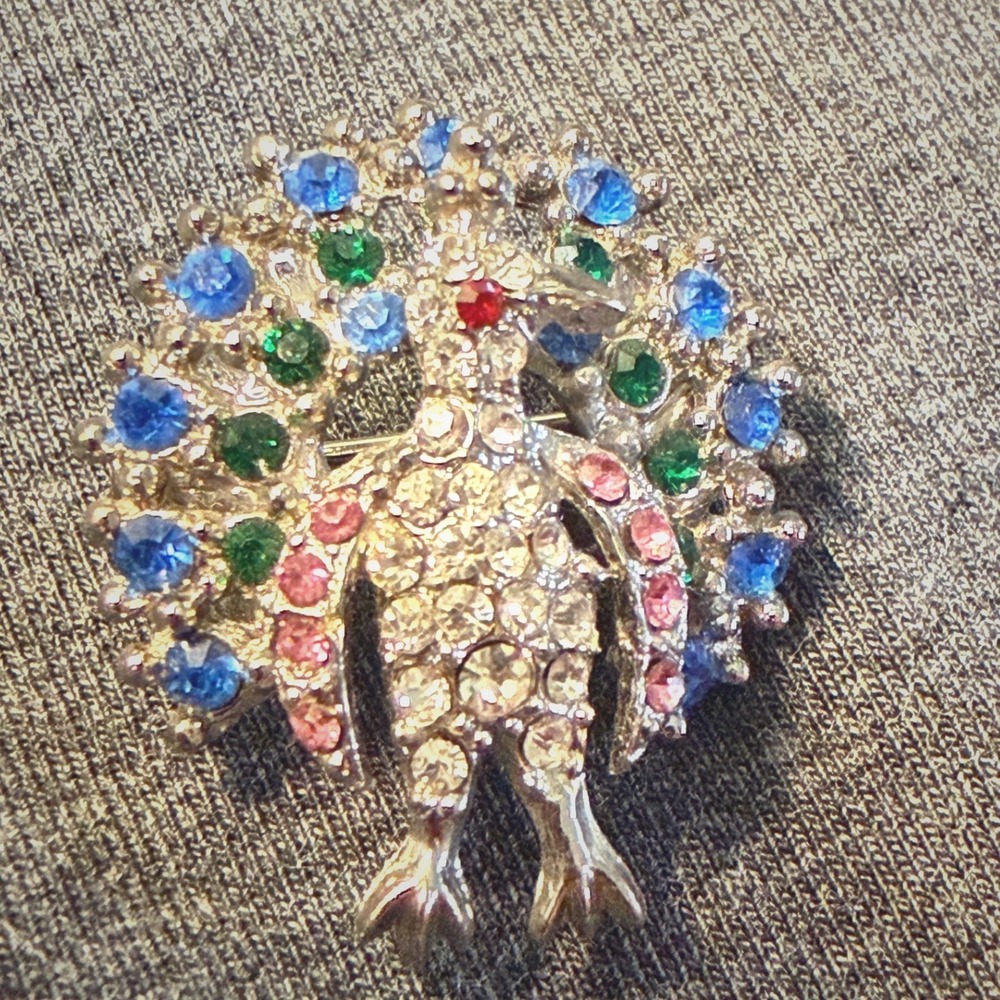 Brooch Silver Tone Rhinestone Multi Color Vintage Mid Century Animal 1.25in